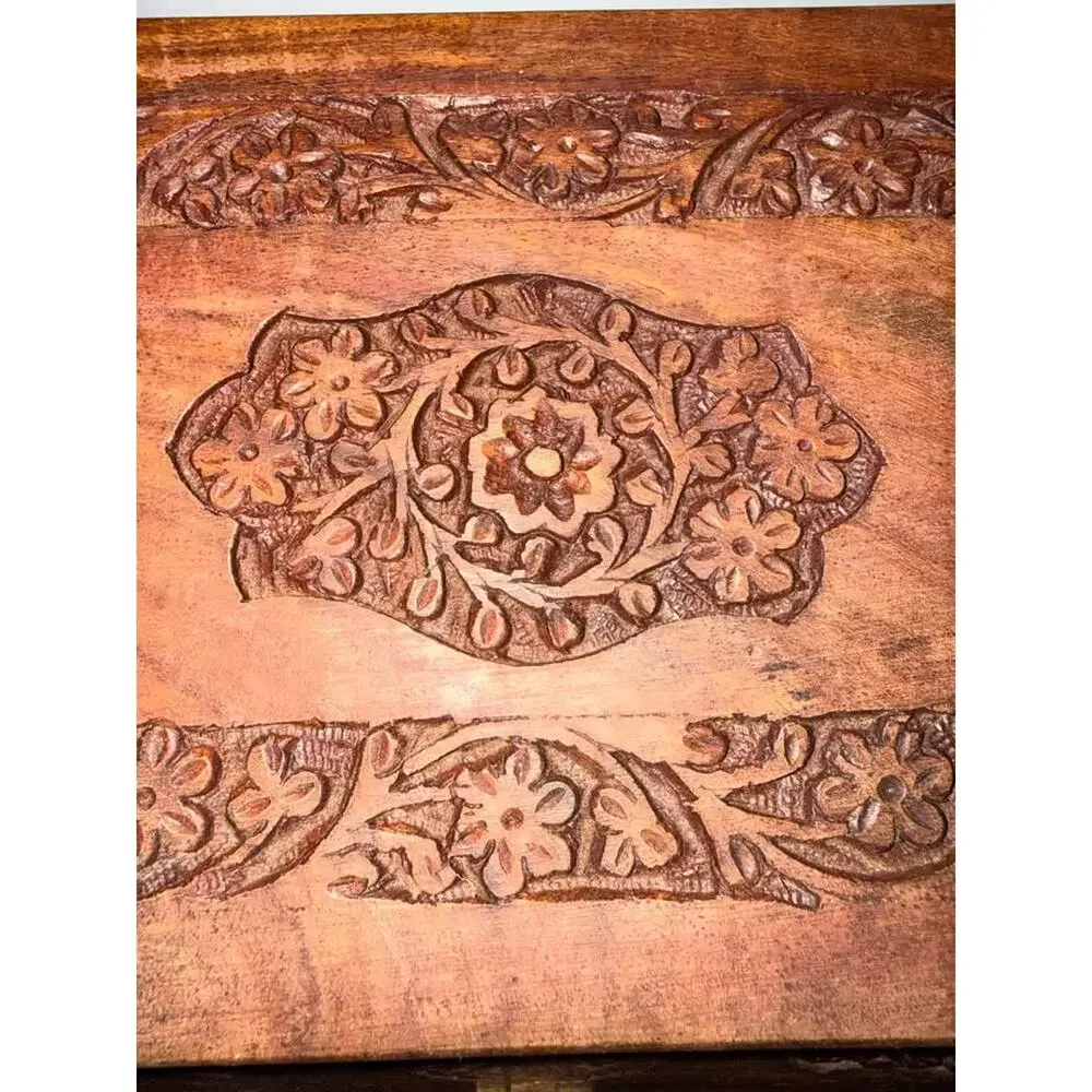 Vintage Hand-Carved Anglo-Indian Jewelry Box in Teak Wood with floral inlay